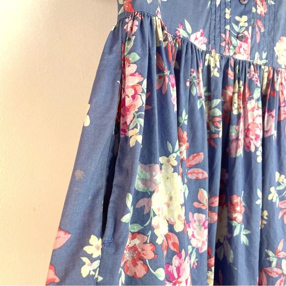 Vintage Laura Ashley Blue Floral Button-Up Dress Tie Collar Cottagecore Praire - Picture 7 of 10